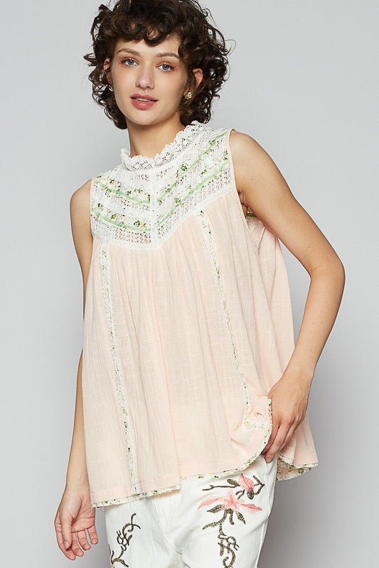 POL Lace Detail Floral Sleeveless Rayon Gauze Top