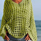 Vibrant lime green crochet long sleeve knit cover up with openwork pattern and bell sleeves