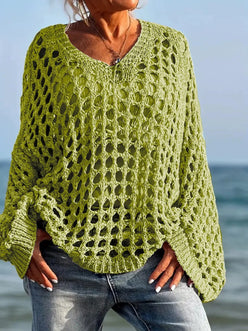 Vibrant lime green crochet long sleeve knit cover up with openwork pattern and bell sleeves