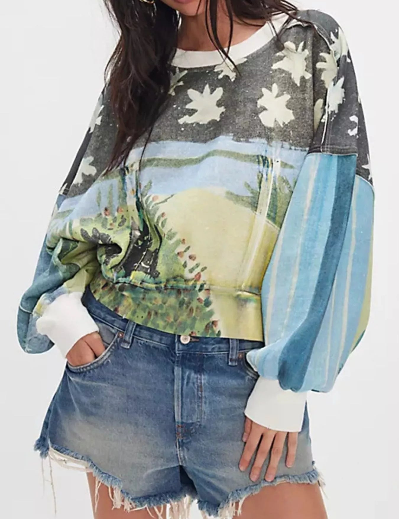 Blue Printed Round Neck Dropped Shoulder Sweatshirt | Sweatshirts Daverri Fashions