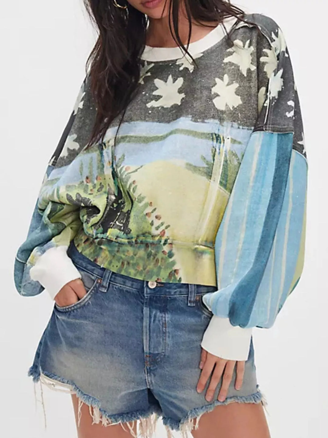 Blue Printed Round Neck Dropped Shoulder Sweatshirt | Sweatshirts Daverri Fashions