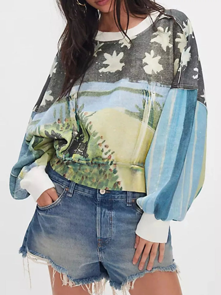 Blue Printed Round Neck Dropped Shoulder Sweatshirt | Sweatshirts Daverri Fashions