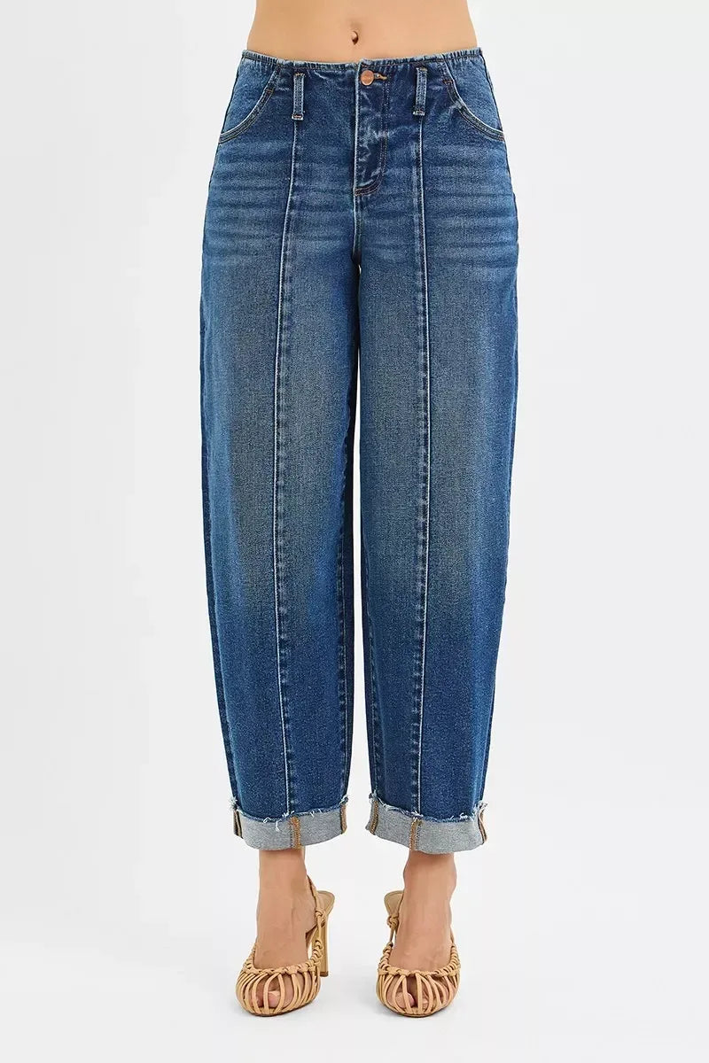 RISEN High Rise Fit Barrel Cuffed Jeans - DAVERRI FASHIONS