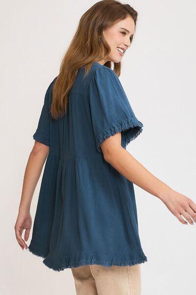 Umgee Full Size Raw Hem Notched Babydoll Linen Blouse Plus Size Blouses