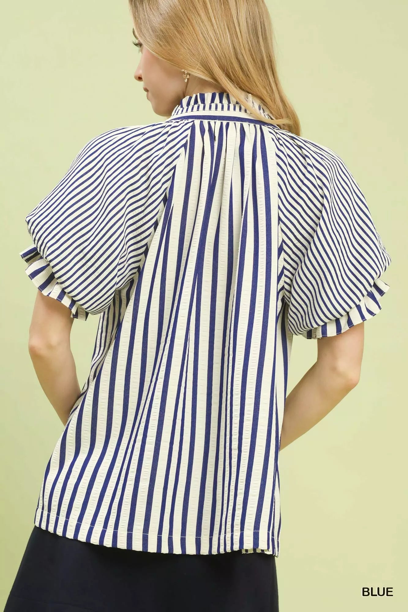 Umgee navy white striped blouse with ruffled short flutter sleeves