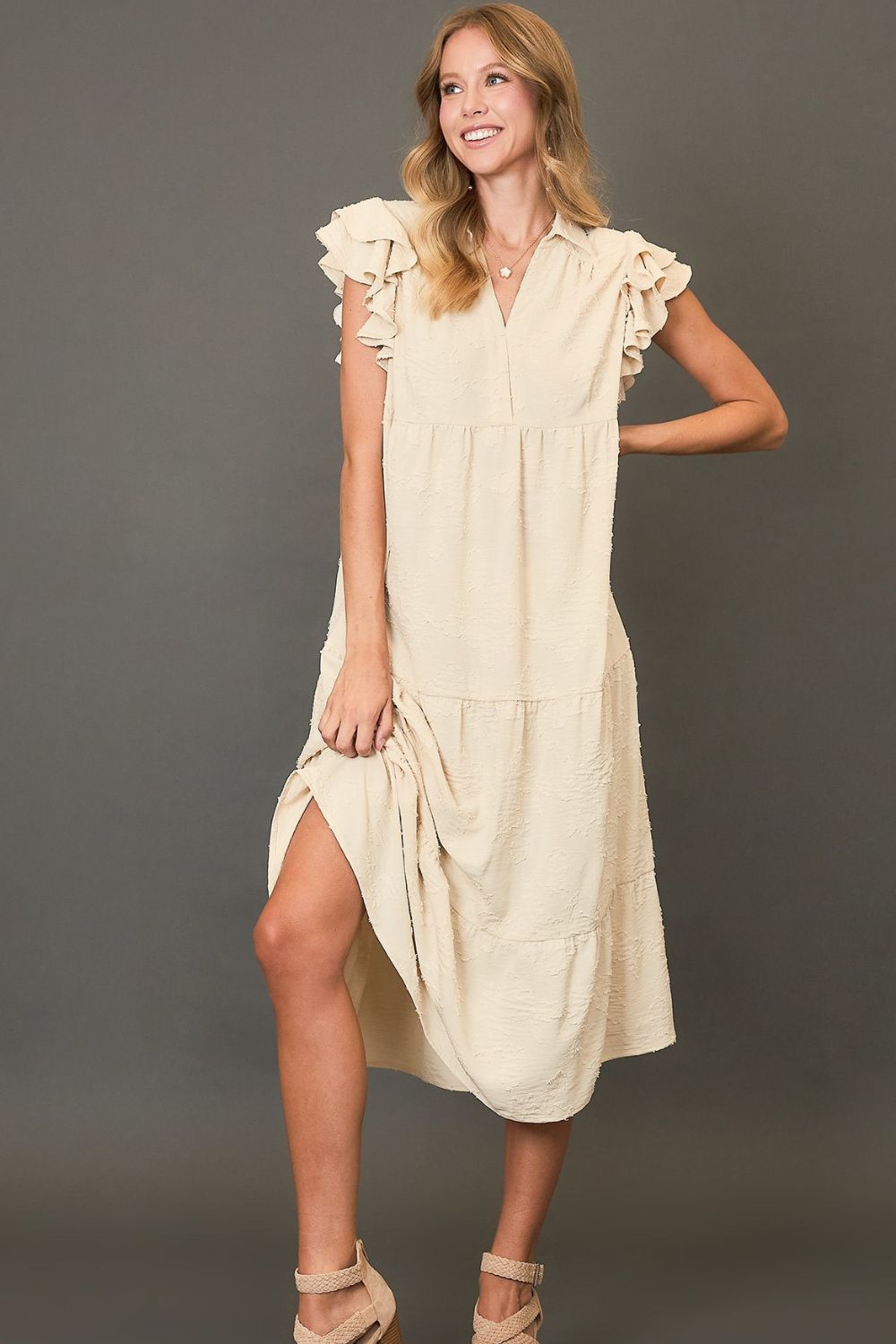 Umgee Tiered Floral Burnout Ruffle Sleeve Midi Dress Cream Midi Dresses