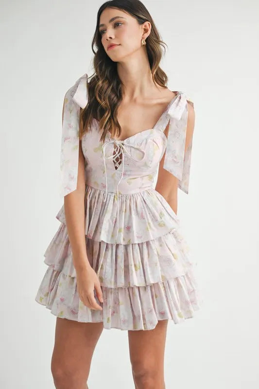MABLE Floral Print Shoulder Tie Layered Mini Dress Mini Dresses