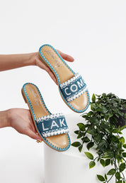 Blue Hot Hub Beaded Lake Como Flat Slip Ons | Slides Daverri Fashions