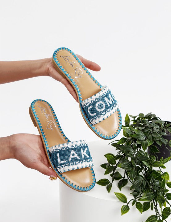 Blue Hot Hub Beaded Lake Como Flat Slip Ons | Slides Daverri Fashions