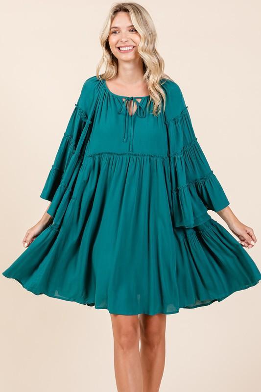 Mittoshop Frill Tie Neck Bell Sleeve Dress - DAVERRI FASHIONS