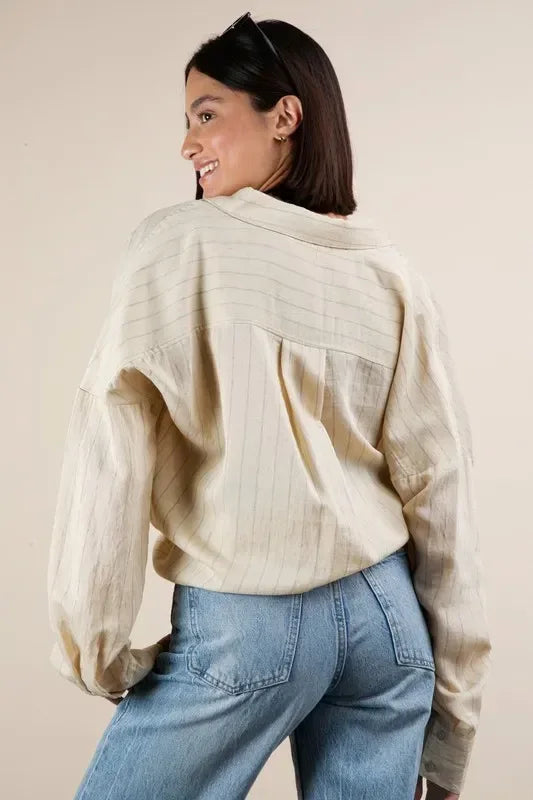 VERY J Full Size Oversized Striped Button Down Shirt Top Plus Size - DAVERRI FASHIONS