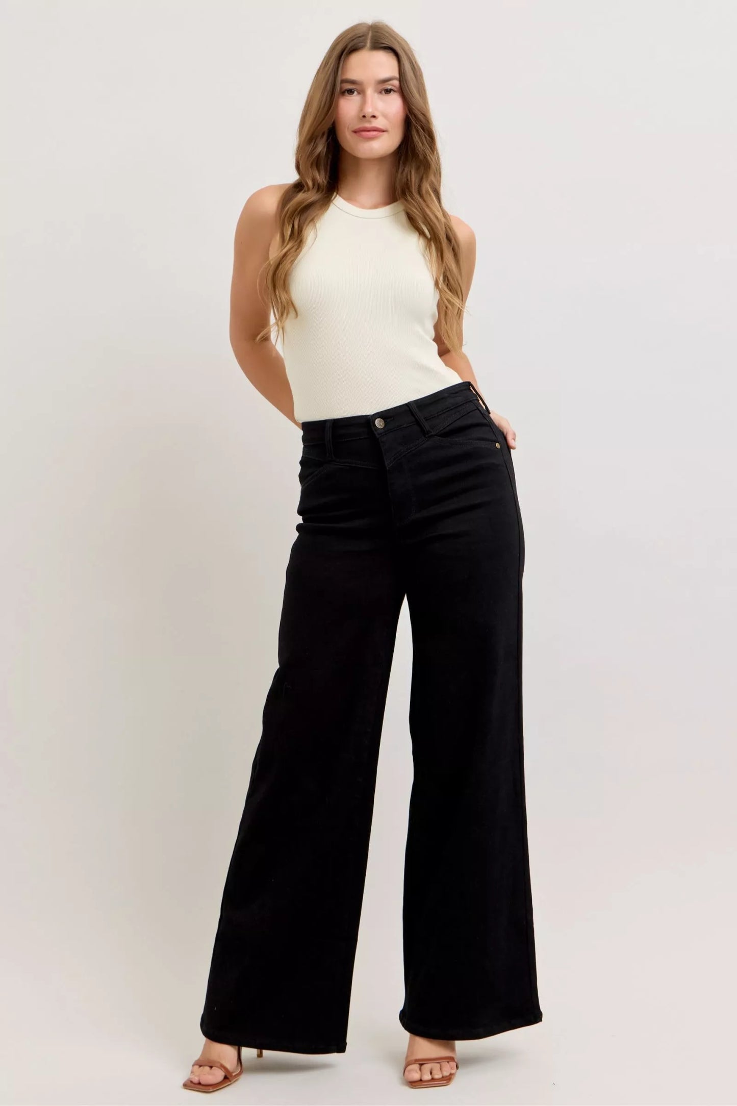 Judy Blue high-waisted wide-leg black denim jeans, five-pocket design