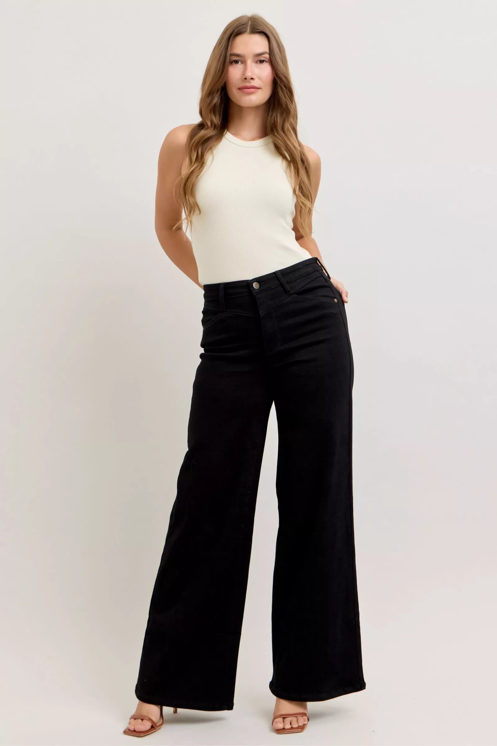 Judy Blue high-waisted wide-leg black denim jeans, five-pocket design