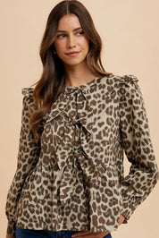 Mocha Annie Wear Tied Leopard Round Neck Peplum Blouse | Blouses Daverri Fashions