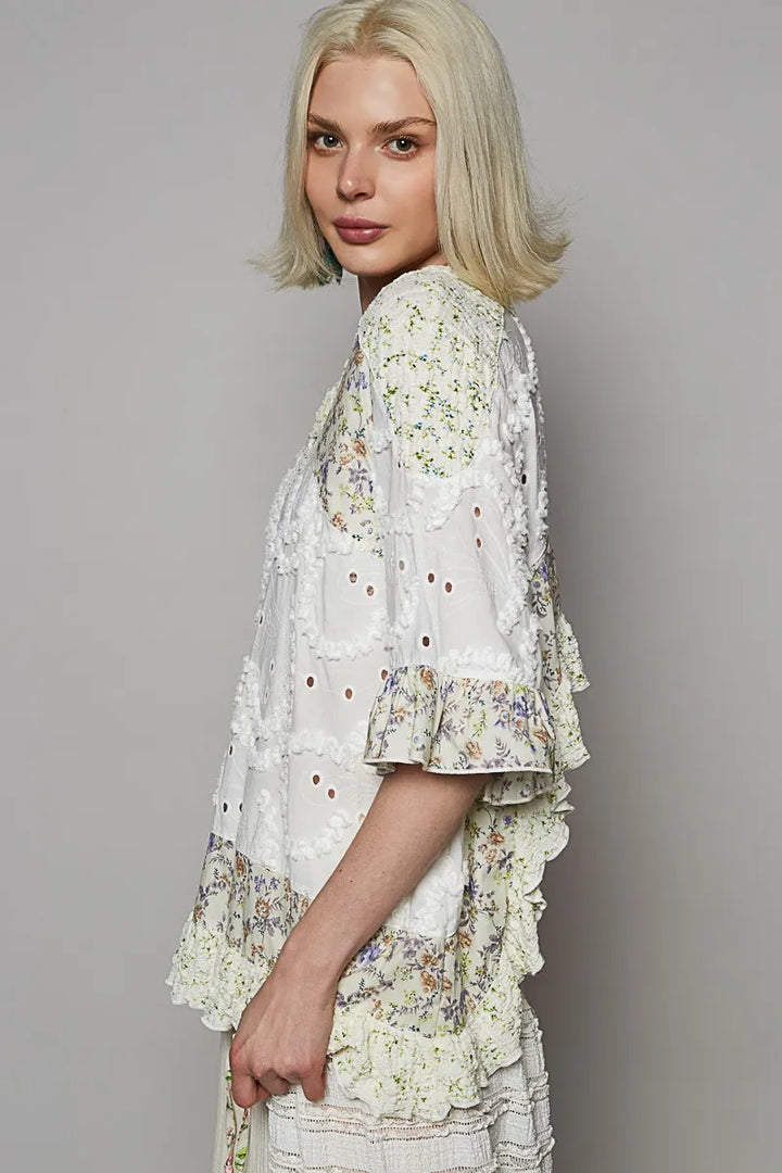 POL Floral Print Eyelet Ruffled Hem Blouse Blouses