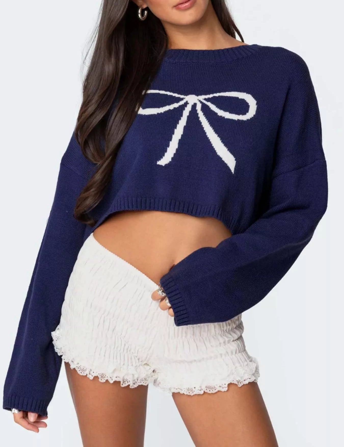 Navy Bow Round Neck Cropped Sweater | Sweaters Daverri Fashions