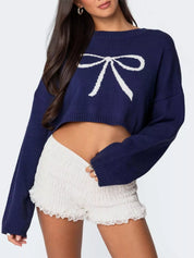 Navy Bow Round Neck Cropped Sweater | Sweaters Daverri Fashions