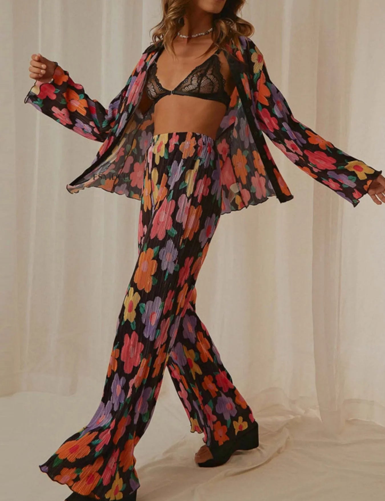 Printed Button Up Shirt and Pants Set | Loungewear Sets Daverri Fashions