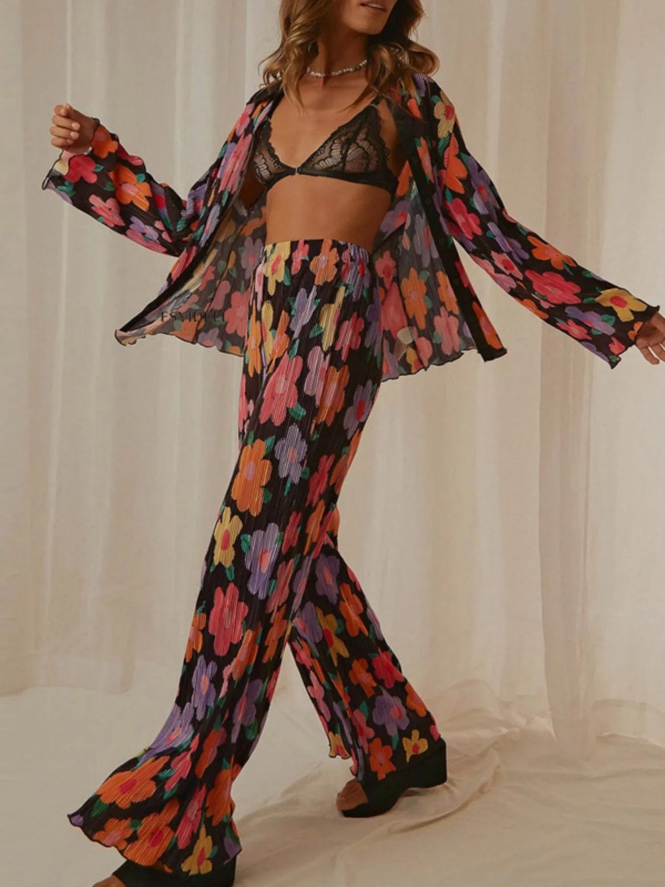 Printed Button Up Shirt and Pants Set | Loungewear Sets Daverri Fashions