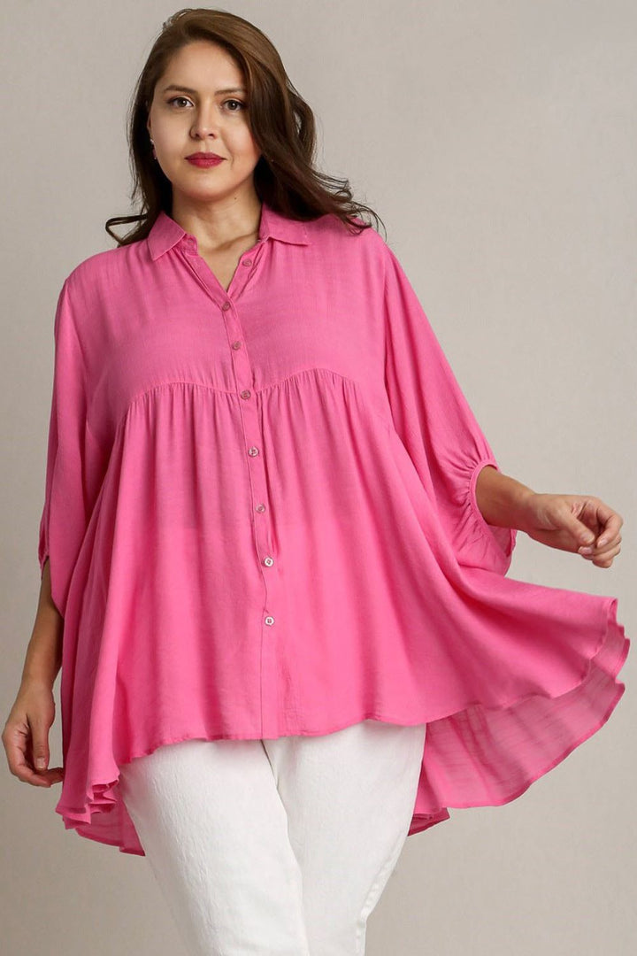 Umgee Full Size High Low Hem Back Tiered Button Down Shirt Plus Size