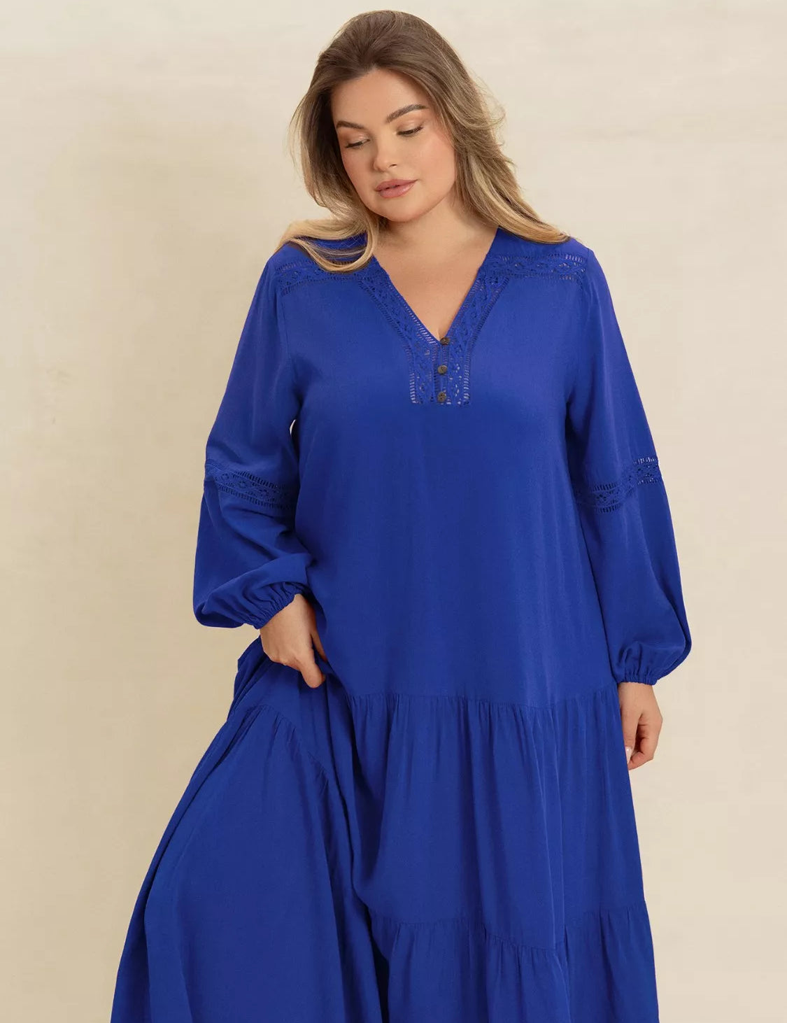 Royal Blue Plus Size Bohemian Tiered Maxi Dress with Balloon Sleeves | Maxi Dresses Daverri Fashions