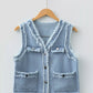 Light blue frayed edge flap pockets denim vest jacket with button closures