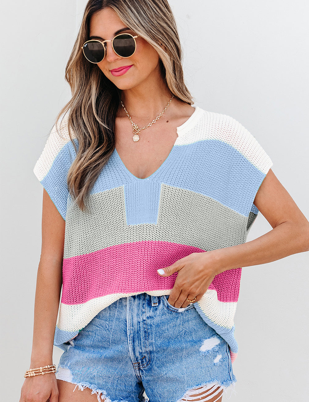 Light Blue 55%Acrylic+45%Cotton Color Block Notch V Neck Knit Sweater | Sweaters Daverri Fashions