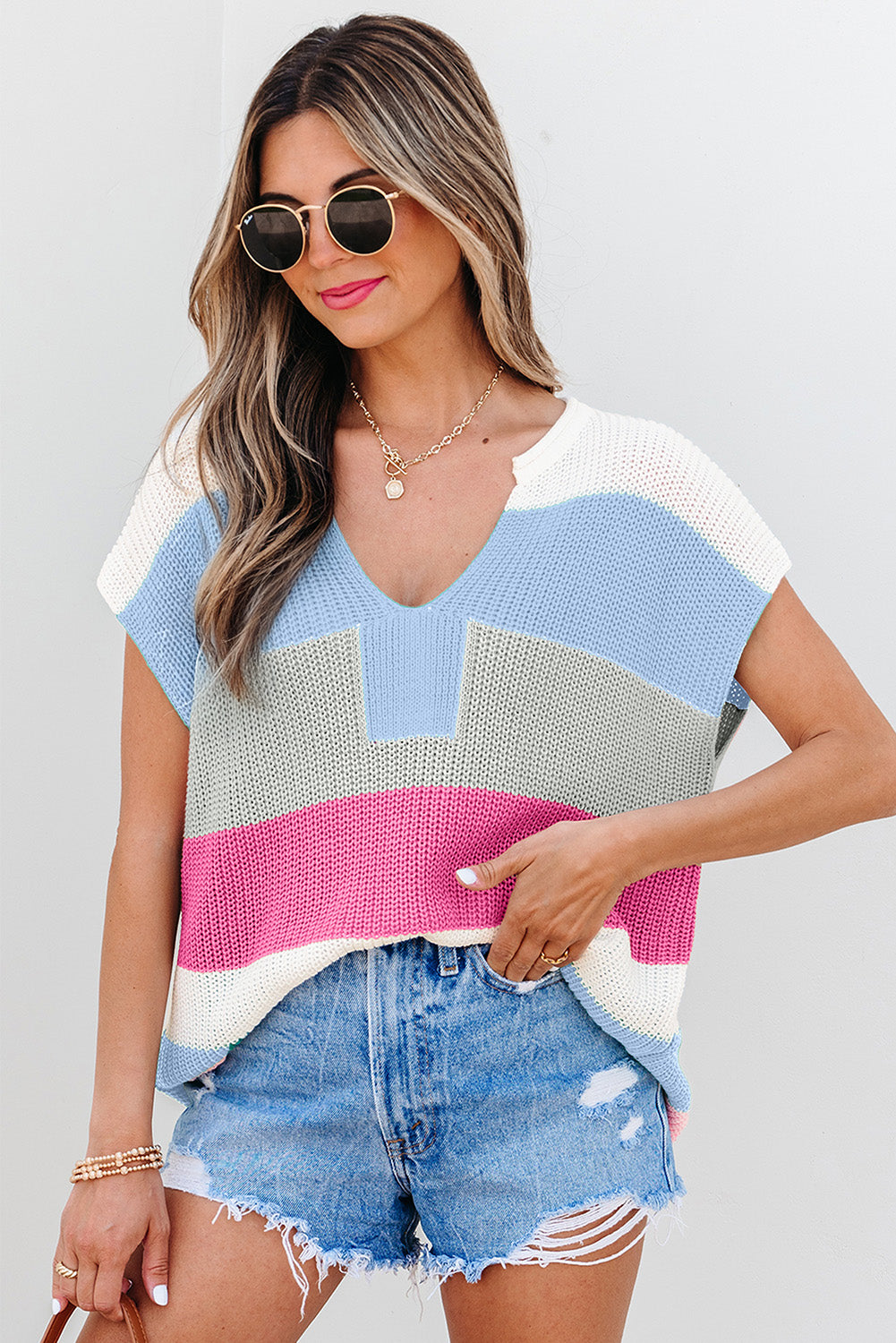 Light Blue 55%Acrylic+45%Cotton Color Block Notch V Neck Knit Sweater | Sweaters Daverri Fashions