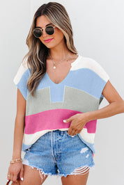 Light Blue 55%Acrylic+45%Cotton Color Block Notch V Neck Knit Sweater | Sweaters Daverri Fashions