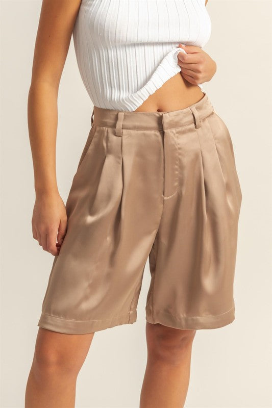 HYFVE High-Waist Pleated Satin Shorts Camel Shorts