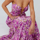 Floral print tie front tiered purple maxi dress with spaghetti straps