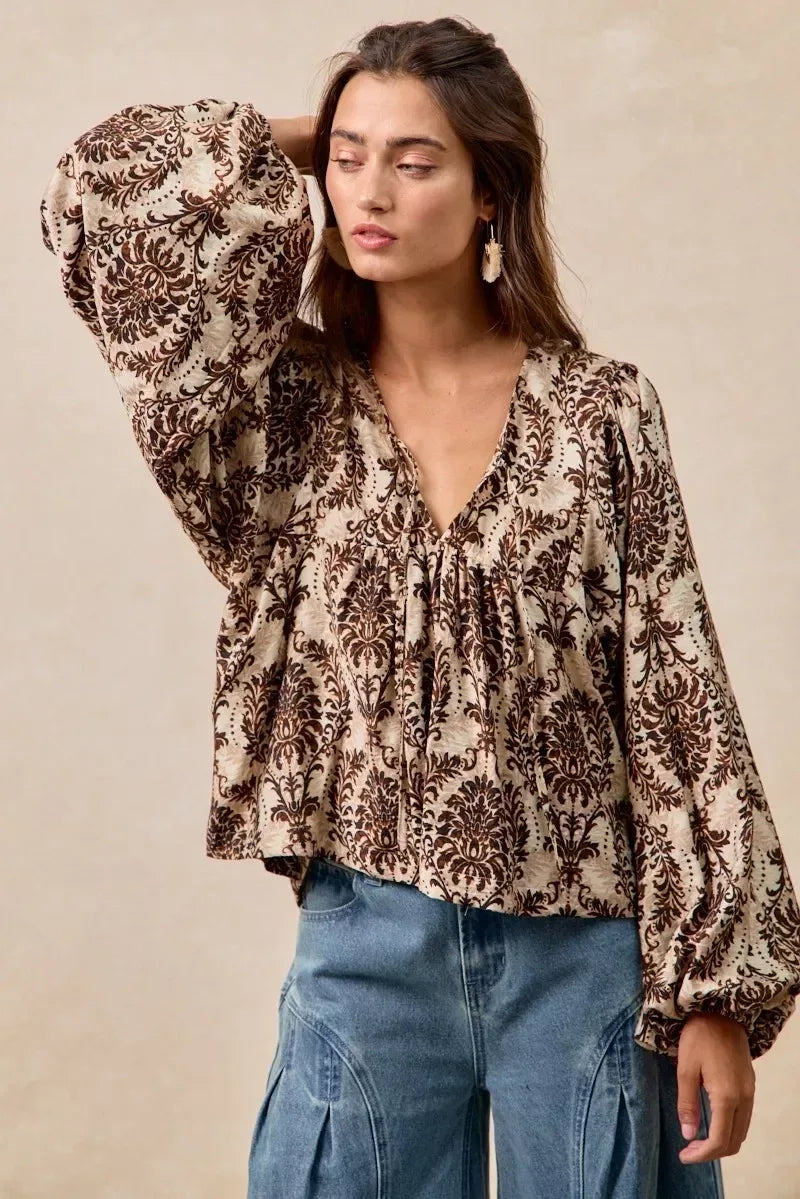 BiBi Printed Woven Front Tied Blouse with Baloon Sleeve - DAVERRI FASHIONS