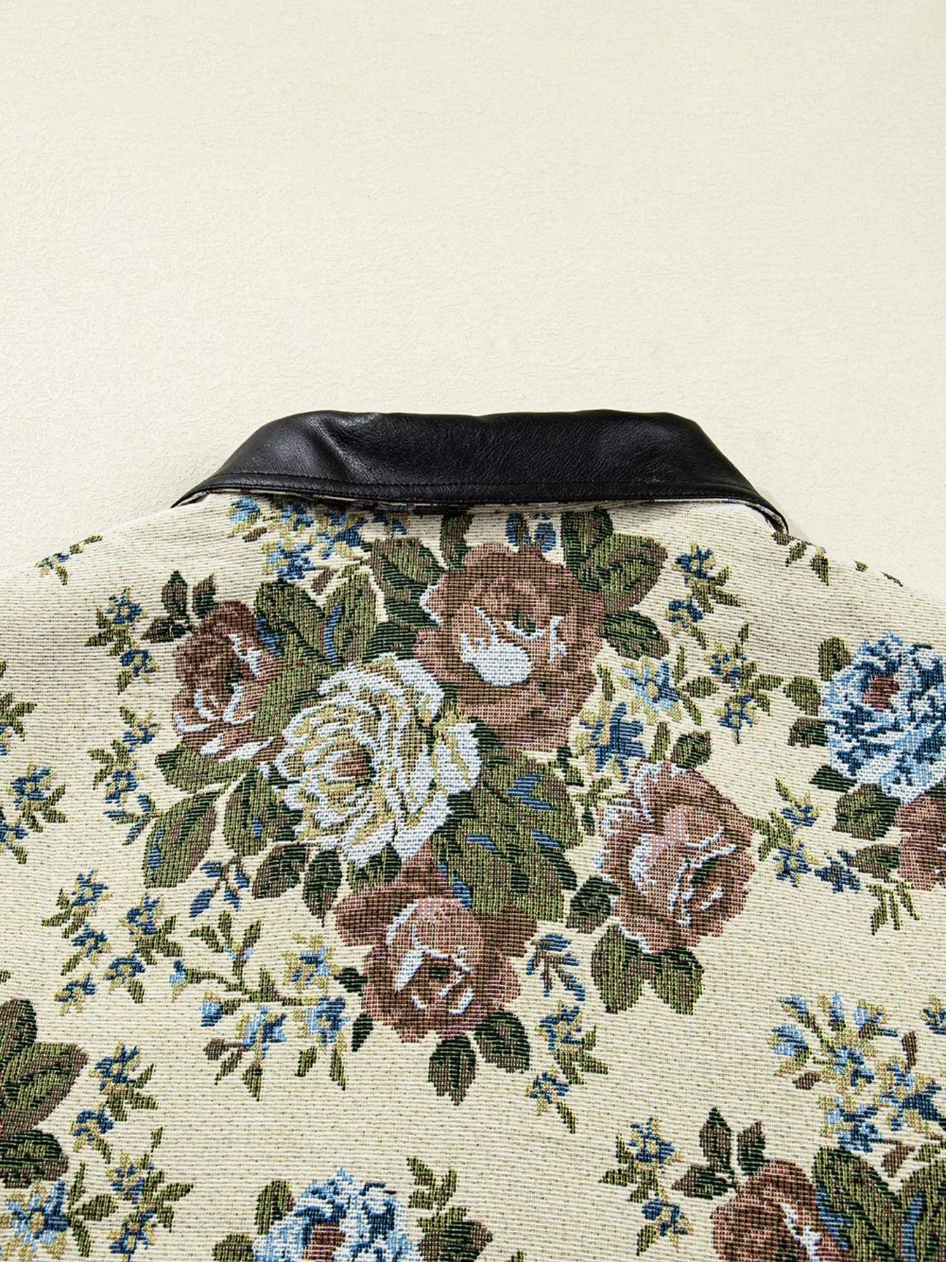 Vintage Floral Print Zip Up Contrast Collared Jacket - DAVERRI FASHIONS