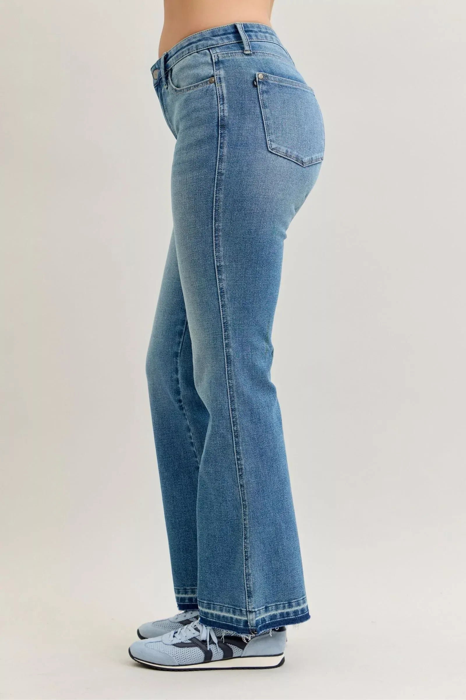 Judy Blue Full Size Mid Rise Slim Bootcut Tummy Control Release Hem Jeans Plus Size - DAVERRI FASHIONS