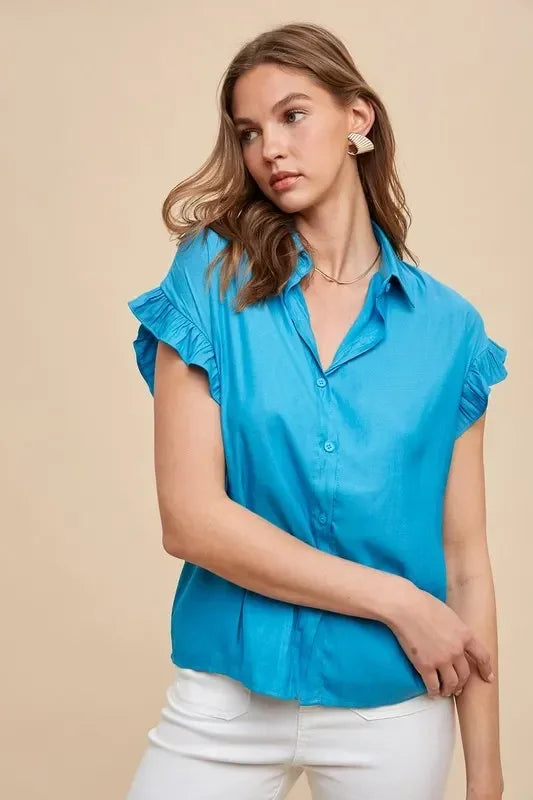 Annie Wear Relaxed Fit Ruffle Sleeve Woven Blouse Top - DAVERRI FASHIONS