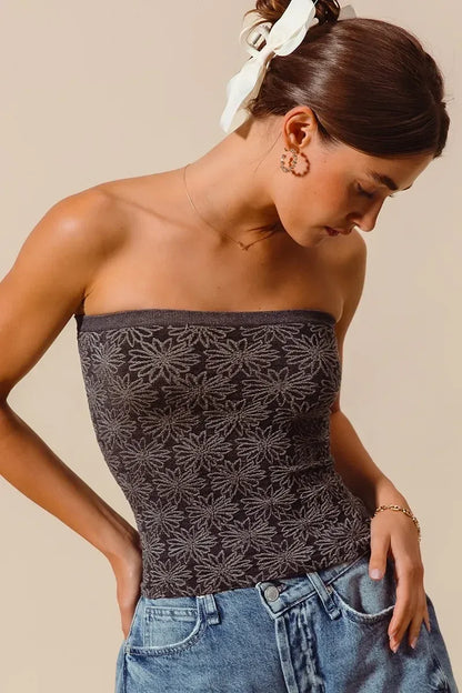 SO ME Jacquard Floral Two Tone Seamless Tube Top - DAVERRI FASHIONS