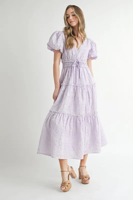MABLE Eyelet Lace Puff Sleeve V Neck Midi Dress