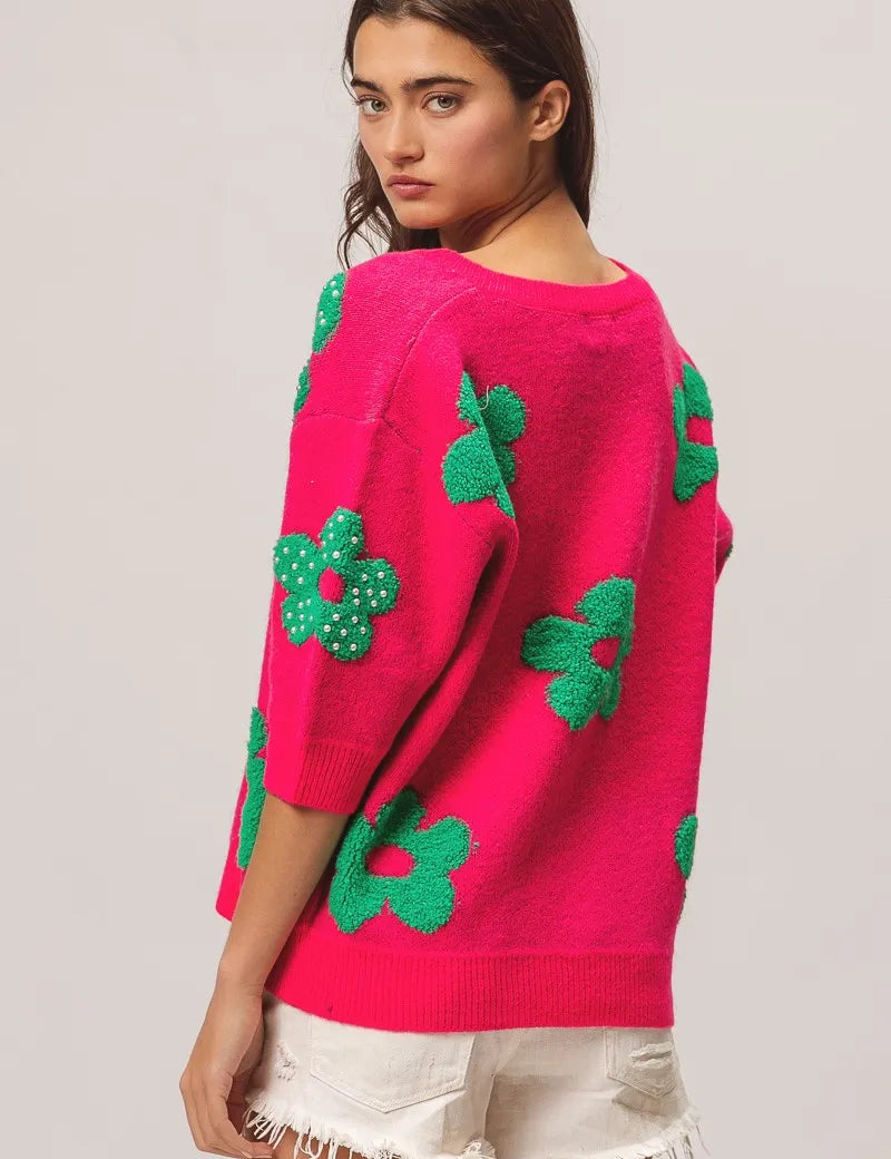 BiBi Pearl Beads Flowers Sweater Top | Sweaters Daverri Fashions
