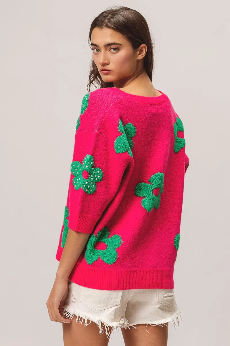BiBi Pearl Beads Flowers Sweater Top Sweaters