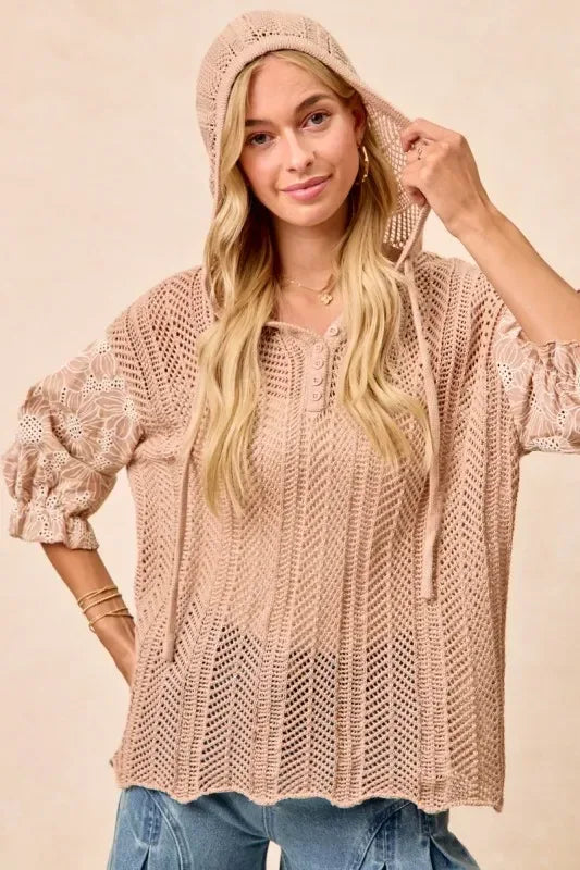 BiBi Jacquard Flower Puff Sleeve Hooded Knit Top - DAVERRI FASHIONS