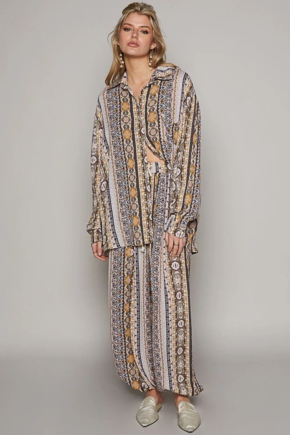 POL Long Sleeve Button Down Printed Shirt - DAVERRI FASHIONS