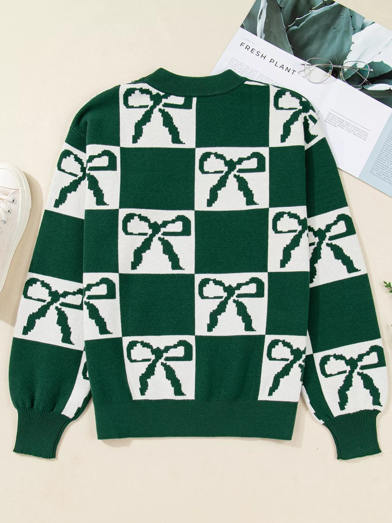 Checkered Bow Round Neck Casual Sweater | Sweaters Daverri Fashions