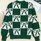 Checkered Bow Round Neck Casual Sweater - DAVERRI FASHIONS