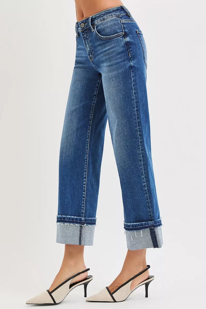 RISEN Mid Rise Ankle Straight Jeans with Cuffed Hem | Daverri Fashions