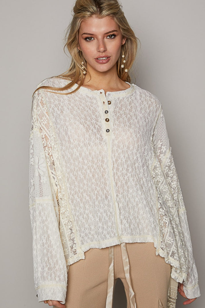 POL Round Neck Long Sleeve Raw Edge Lace Top Cream M