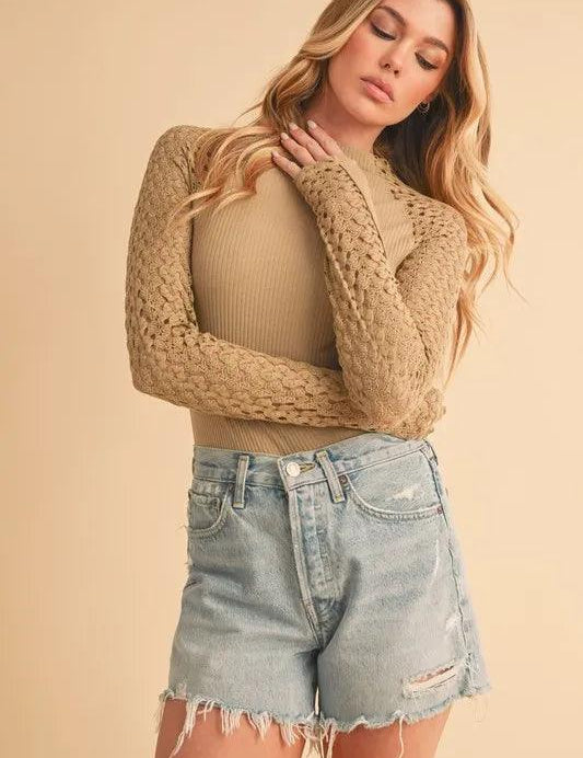Aemi+Co Mock Neck Ribbed Knit Top with Crochet Sleeve | Tops Daverri Fashions