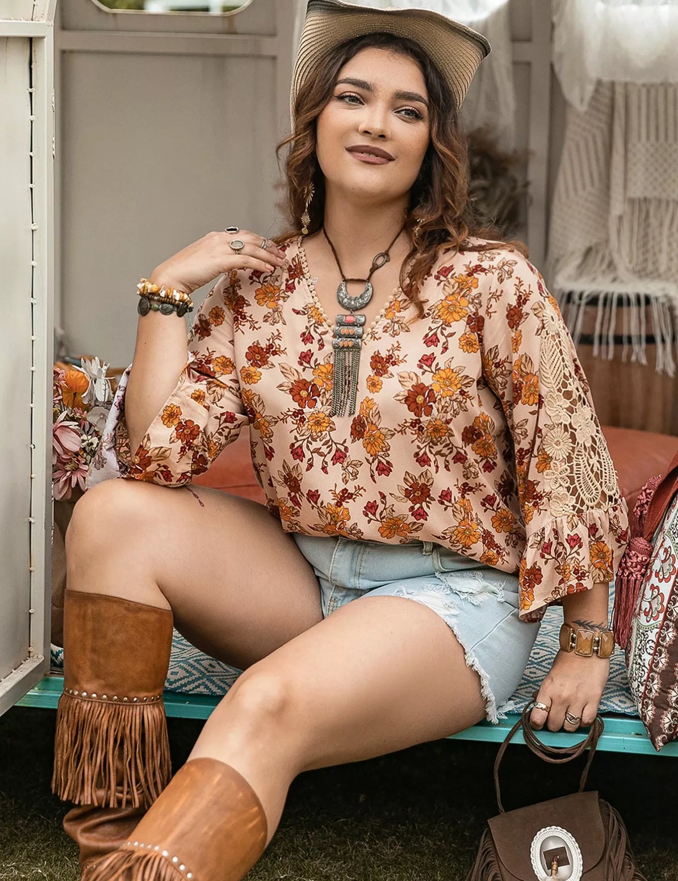 Plus Size Floral Lace Detail V-Neck Blouse | Blouses Daverri Fashions