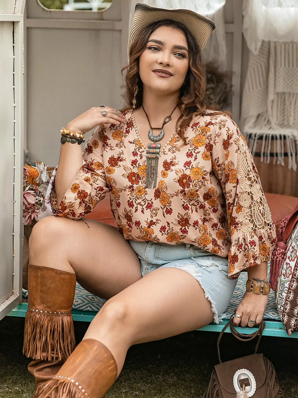 Plus Size Floral Lace Detail V-Neck Blouse | Blouses Daverri Fashions