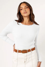 White Lettuce Edge Round Neck Long Sleeve Top | Tops Daverri Fashions