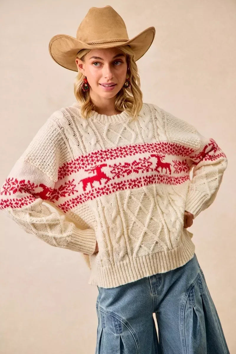 BiBi Christmas Theme Patterned Cable Knit Sweater - DAVERRI FASHIONS